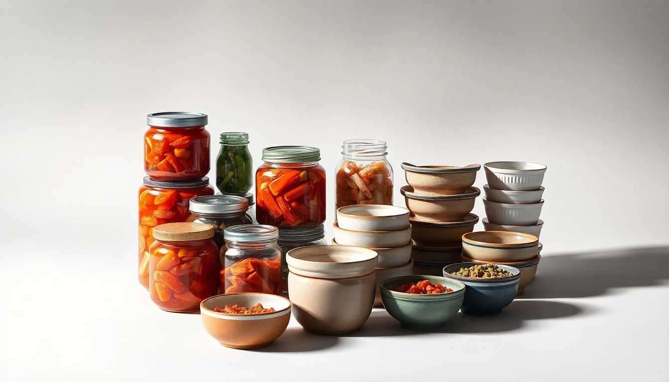A high-end, photorealistic studio still-life photograph featuring a selection of premium Korean grocery items like glass jars of kimchi, stacks of banchan containers, and traditional ceramic dishware, all arranged elegantly on a clean, monochromatic seamless background, conceptually representing the uncertain future of a beloved community business.
