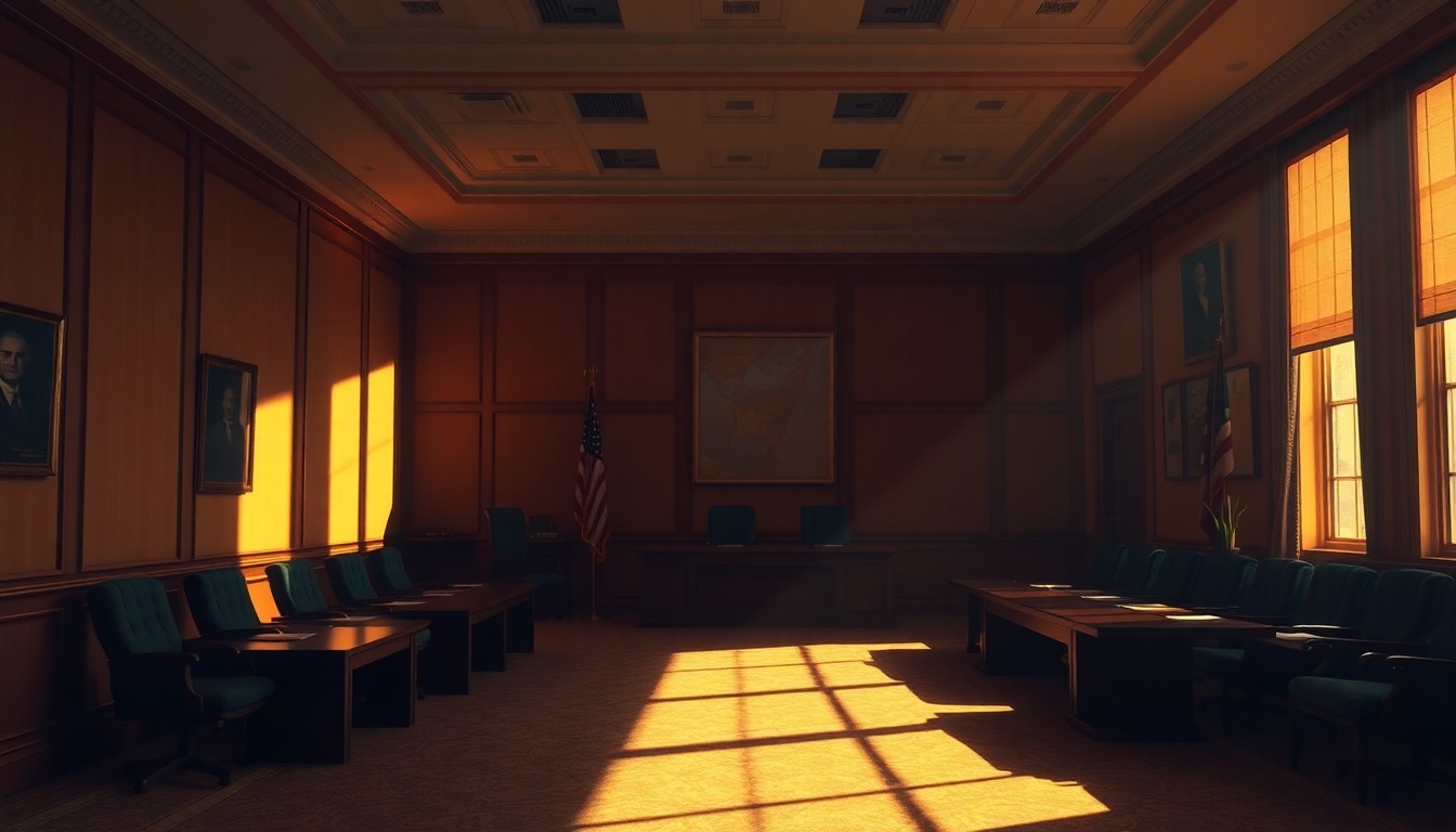 A dimly lit, cinematic painting of an empty government office space, with warm sunlight streaming in through the windows and deep shadows casting a sense of tension and unease.