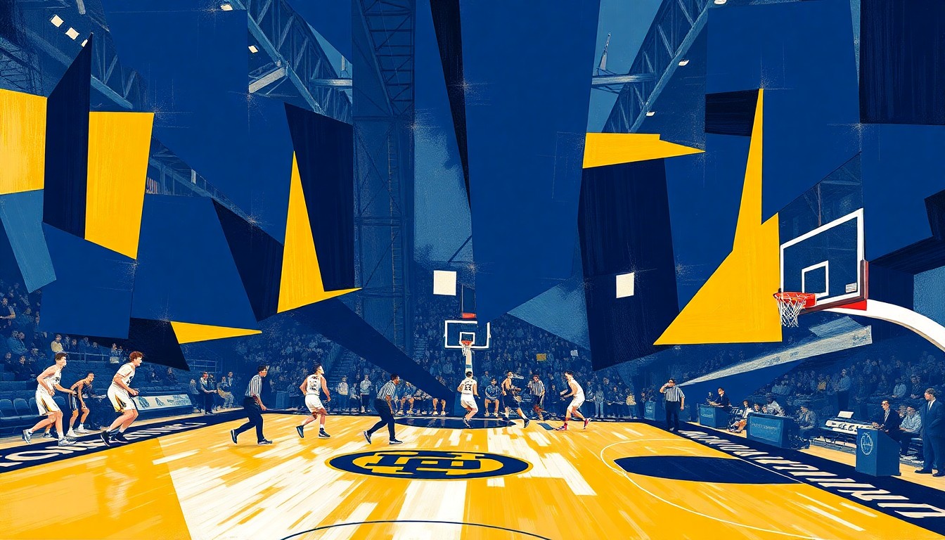 A cubist, geometric painting featuring overlapping planes of navy blue, gold, and white, conceptually representing the multifaceted team dynamics and camaraderie of Notre Dame basketball.