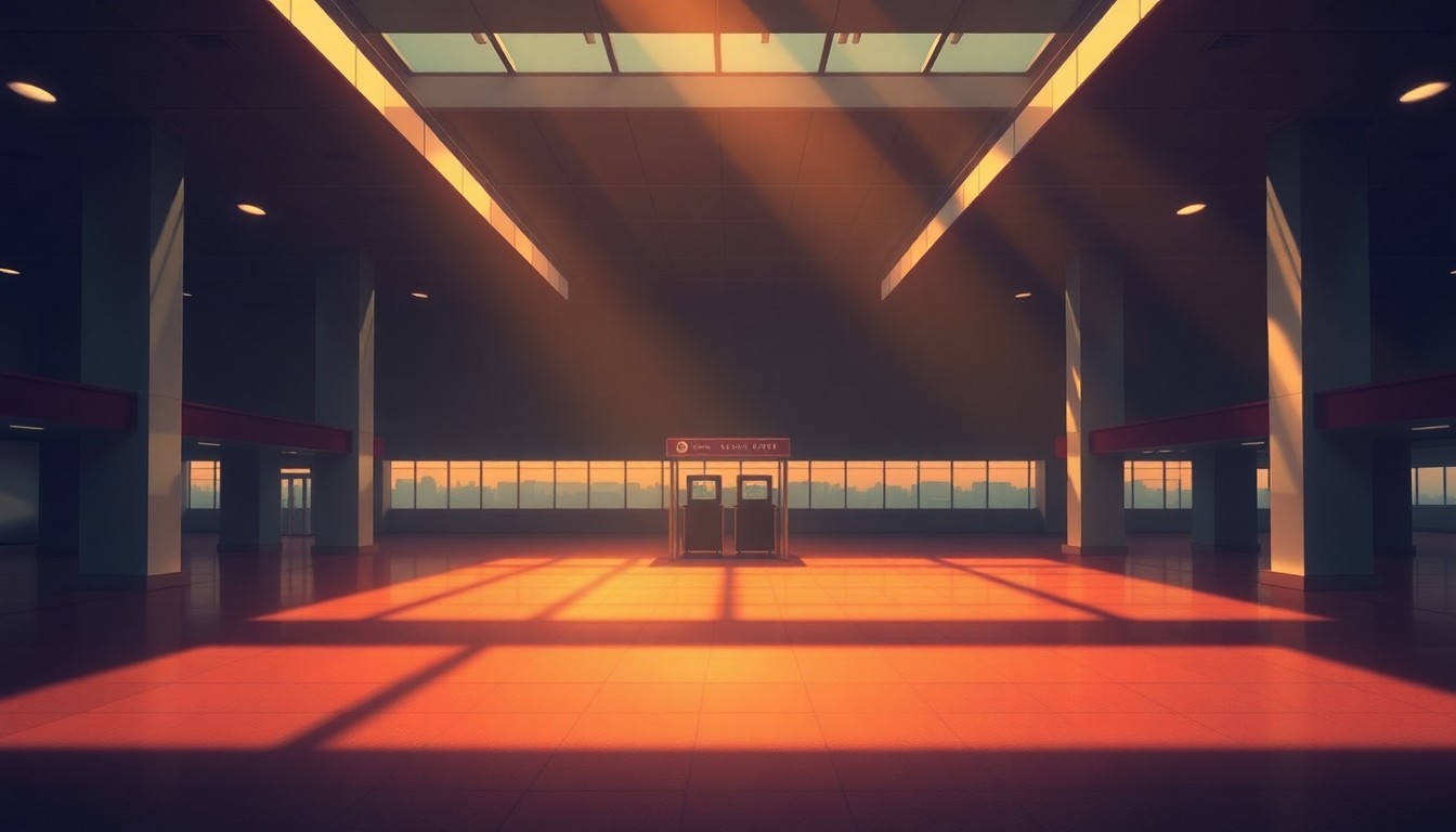 A dimly lit, cinematic painting of an empty airport terminal with a lone security checkpoint, bathed in warm, diagonal sunlight and deep shadows, conveying a sense of political tension and diplomacy.