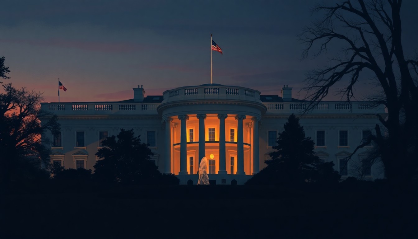 A serene, cinematic painting of the exterior of the White House at dusk, with the iconic building bathed in warm, diagonal sunlight and deep shadows, conveying a sense of political tension and uncertainty.