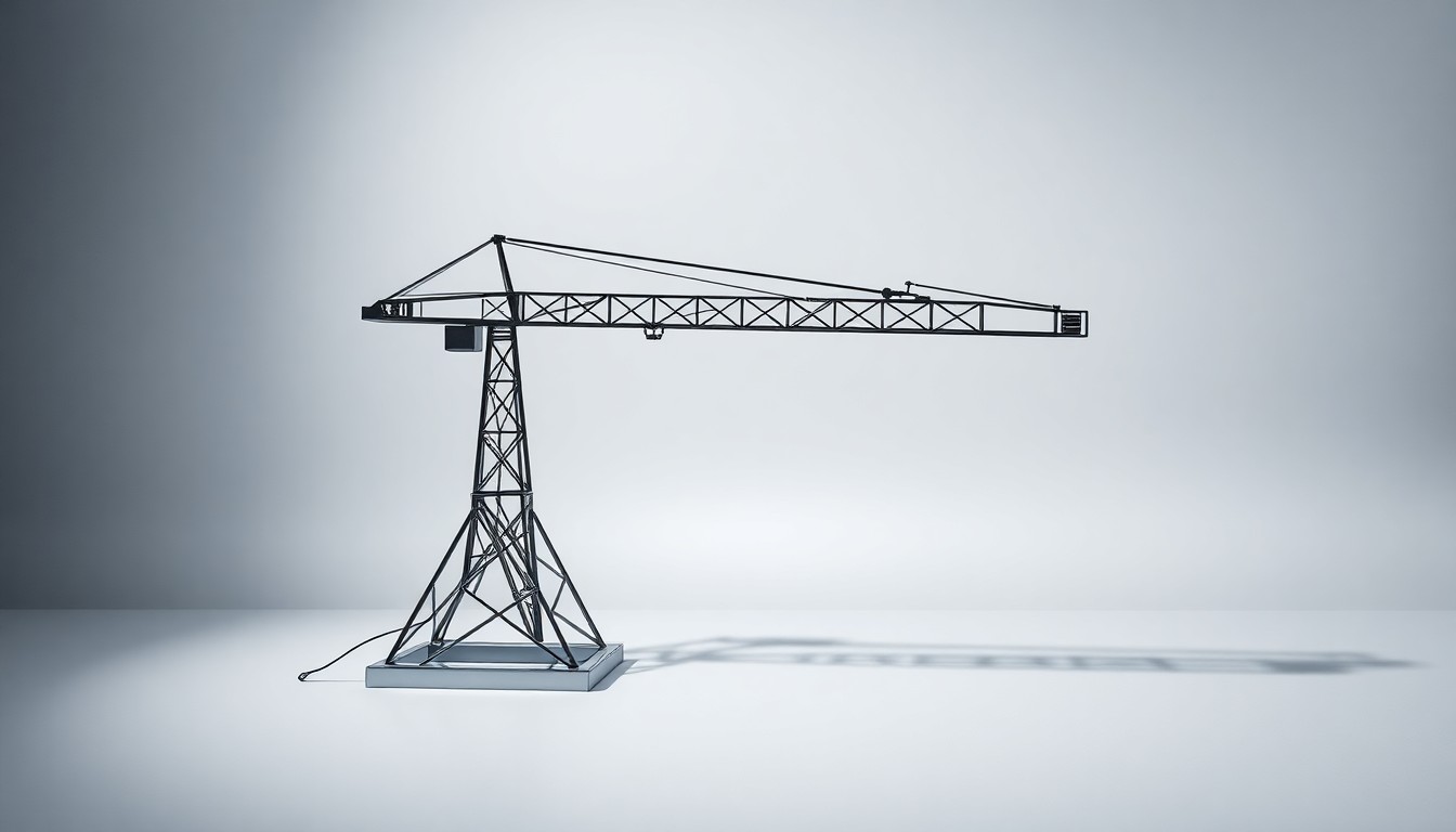 A highly polished, geometric metal sculpture in the shape of a construction crane, resting on a clean, monochromatic background and dramatically lit to conceptually represent the abstract financial and market factors shaping the construction industry.