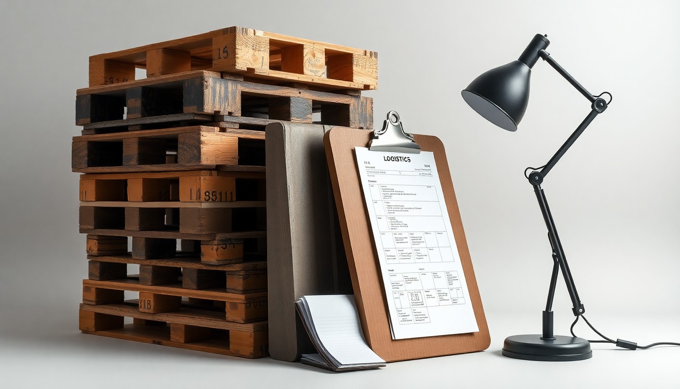 A photorealistic studio still life featuring a stack of shipping pallets, a clipboard with logistics paperwork, and a vintage desk lamp in a muted color palette, conveying the operational and administrative aspects of the freight transportation industry.