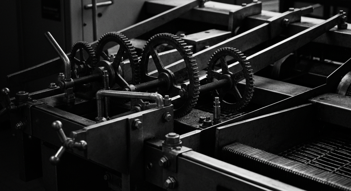 An extreme close-up of the heavy machinery and industrial components that make up a McDonald's french fry production line, conveying the scale and complexity of the fast-food company's operations.
