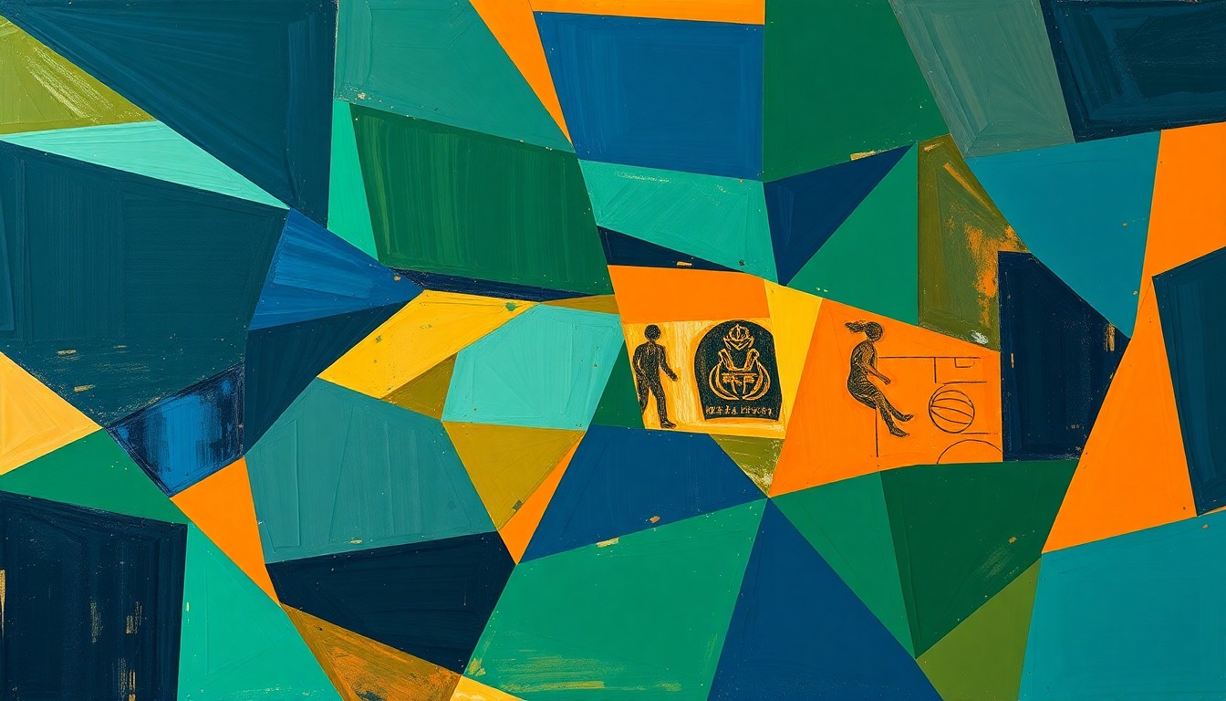 A cubist, geometric painting depicting the fragmented movements and perspectives of a women's basketball game, with sharp planes of navy, green, and orange intersecting to create a dynamic, abstract composition.
