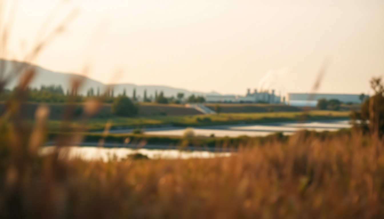 An abstract, impressionistic photograph in soft, warm tones depicting a blurred, natural landscape with faint outlines of environmental engineering structures in the background, conveying a sense of honoring a community member's contributions to the local area.