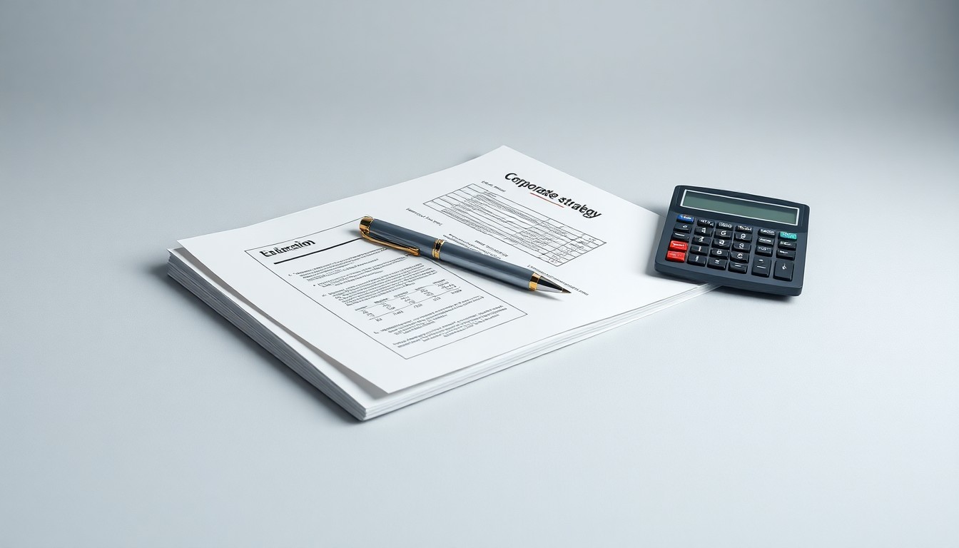 A minimalist studio still life featuring a stack of financial documents, a pen, and a calculator arranged on a clean, monochromatic background, symbolizing the abstract concepts of corporate strategy and wealth management.