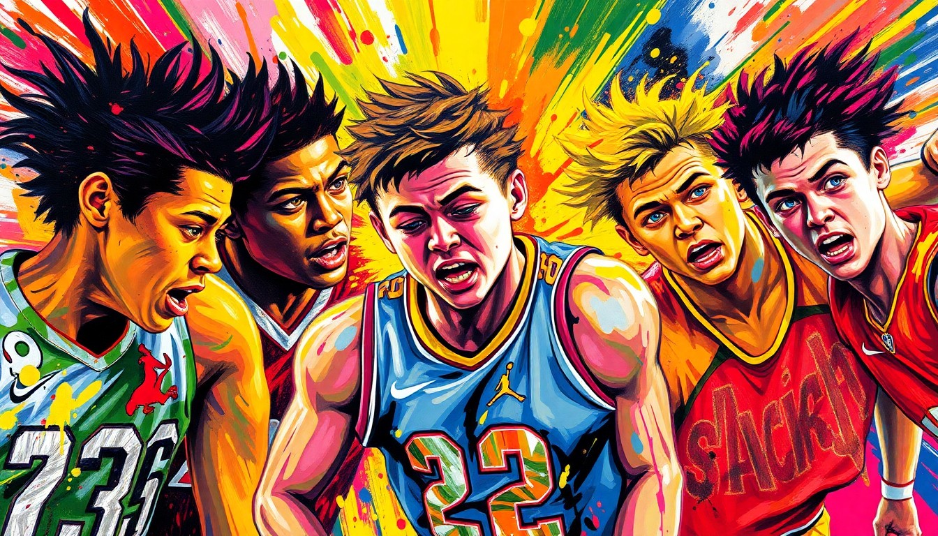An abstract, expressionist painting featuring bold, vibrant brushstrokes in neon colors that capture the dynamic energy and competitive spirit of high school sports, with faces and logos dissolved into unrecognizable splatters.