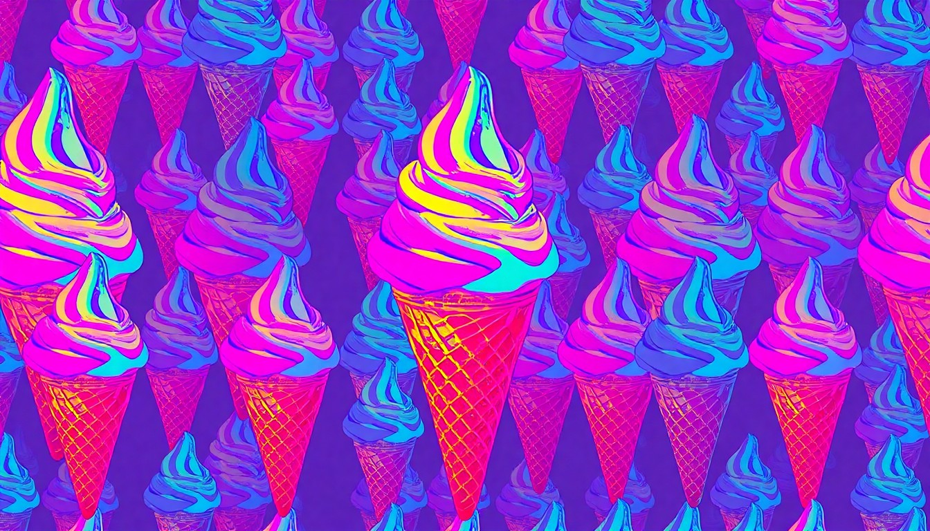 A bold, colorful silkscreen-style illustration featuring a repeated pattern of a single ice cream cone in various neon shades, conceptually representing the reopening of a popular local ice cream shop and the renewed energy in New Bedford's food community.