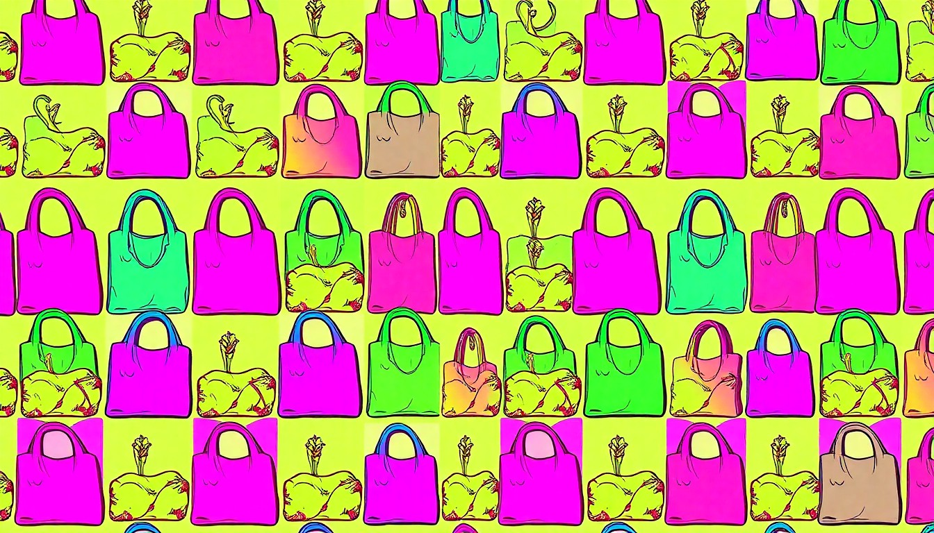 A highly stylized, abstract grid of a single, recognizable organic food item or natural product in a bright, neon color palette, conceptually representing the vibrant community celebration of Rainbow Grocery's 50-year anniversary.