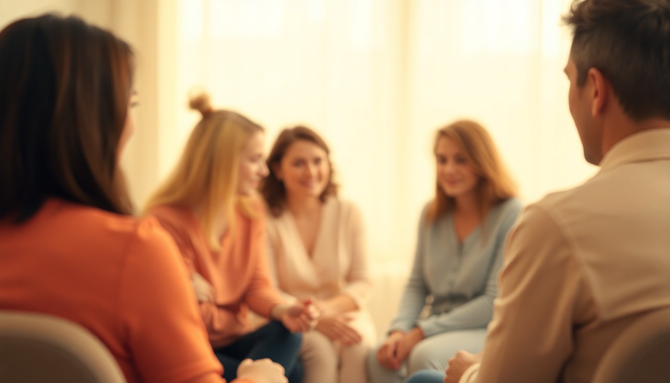 An abstract, out-of-focus photograph in warm, muted tones depicting a group of people in a supportive, communal setting, conveying a sense of compassion and the process of healing.