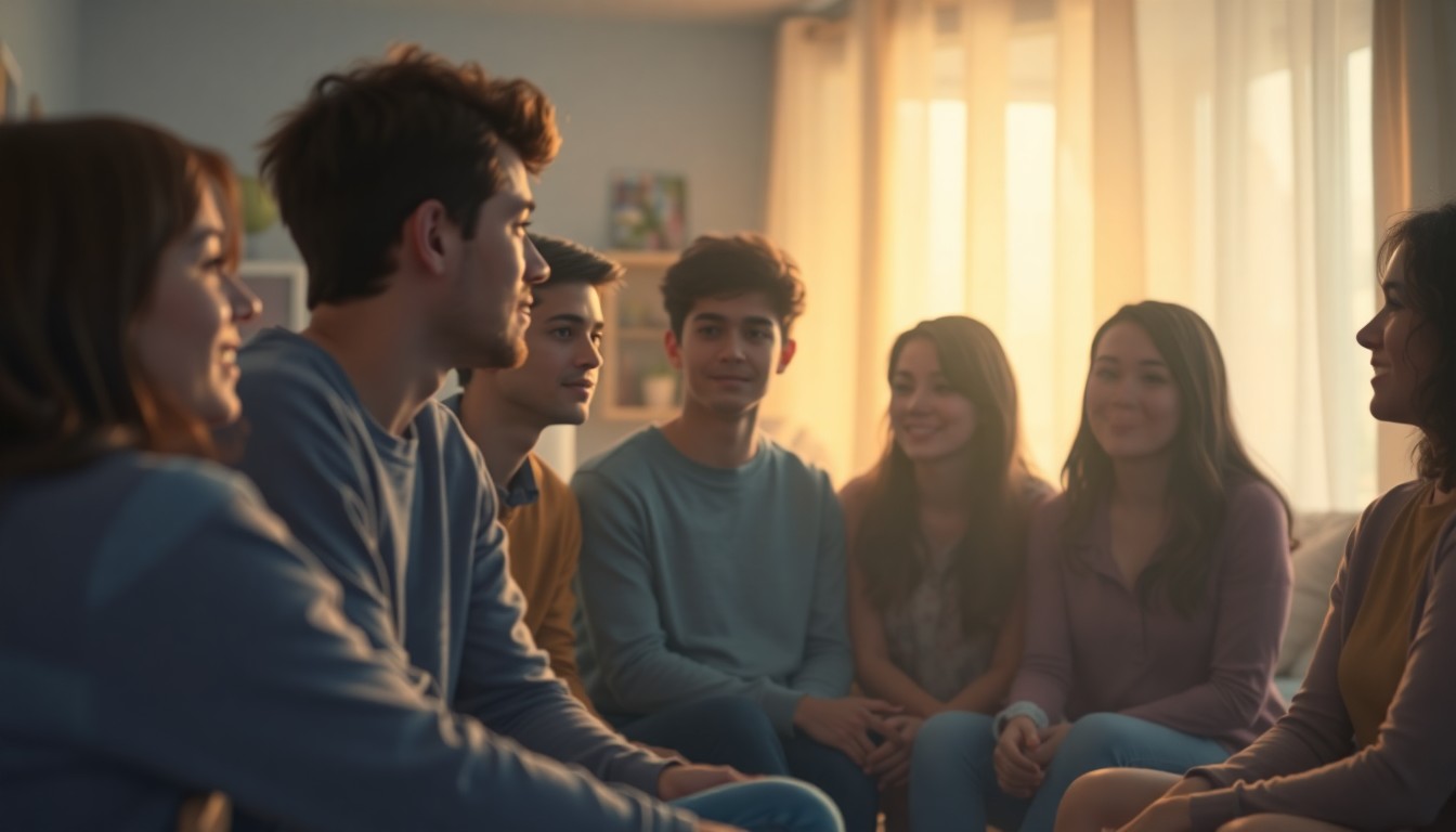 An abstract, impressionistic scene of blurred figures in a softly lit room, conveying a sense of community and support for young adults facing homelessness.