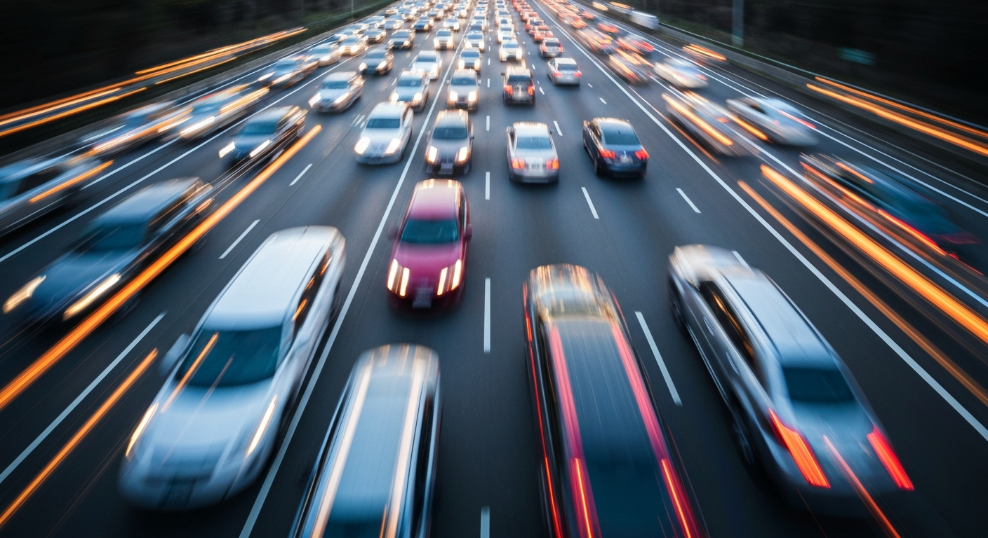 An abstract, colorful image of blurred motion depicting a line of cars on a highway, conveying the energy and frustration of traffic congestion.
