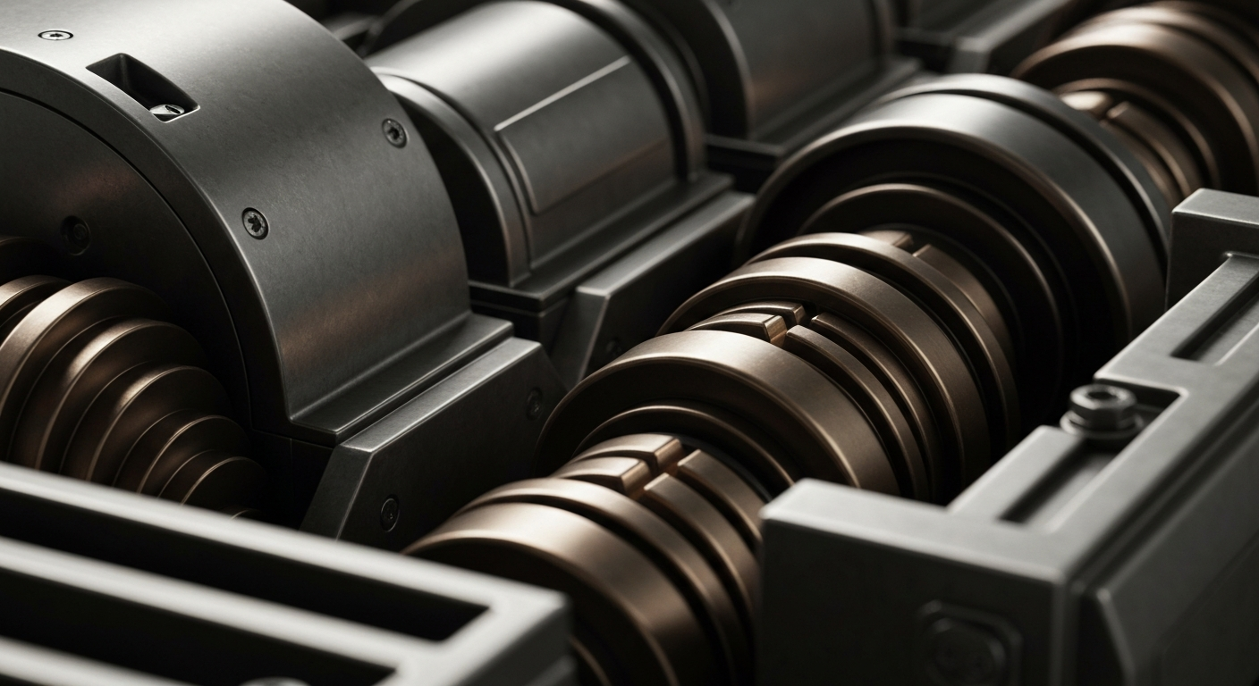An extreme close-up of gears, levers, and other heavy industrial components in muted metallic tones, conveying the intricate mechanics behind Robinhood's trading services.