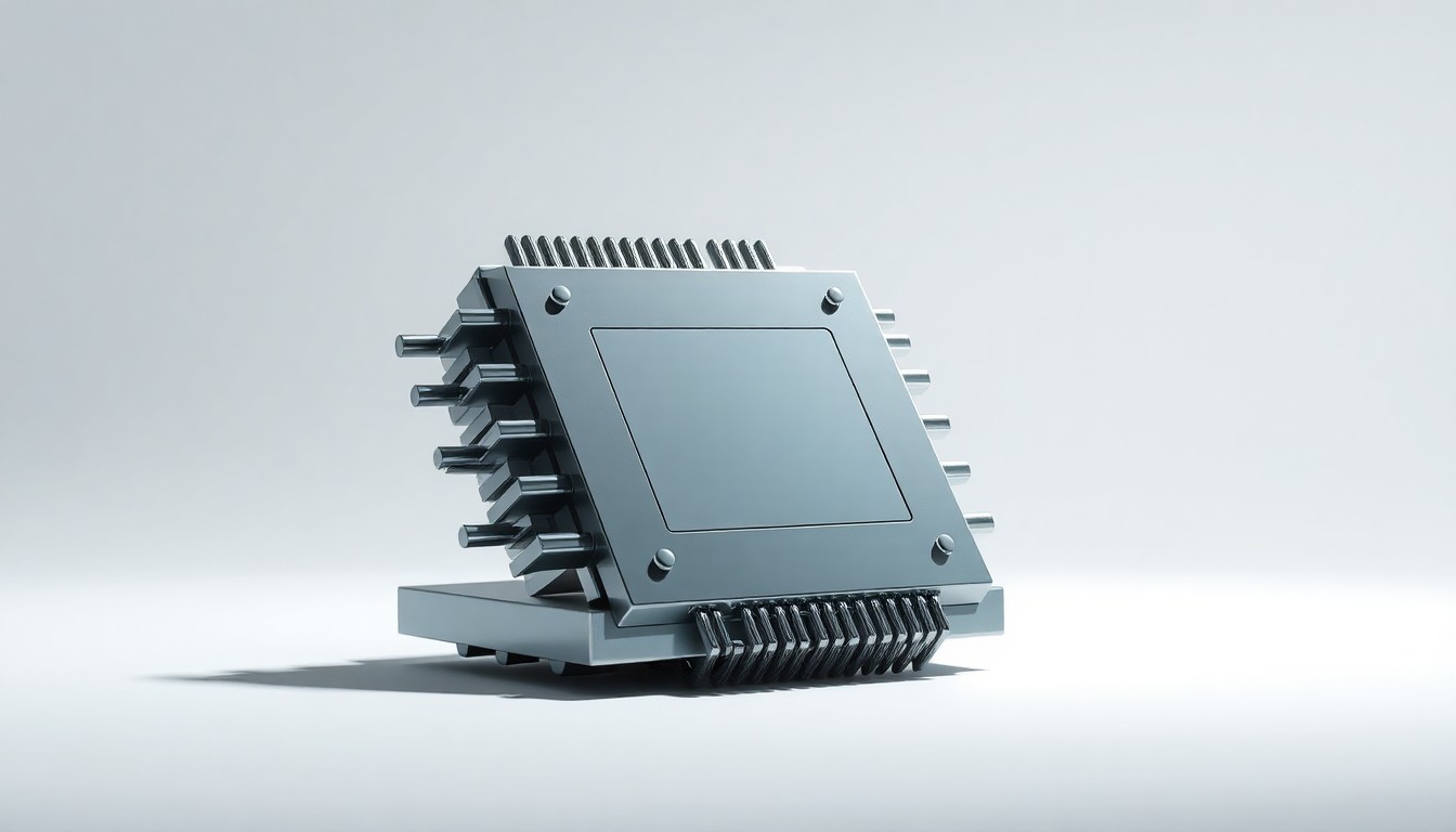 A highly detailed, photorealistic studio photograph of a polished metal sculpture in the shape of a microchip or integrated circuit, resting on a clean, monochromatic background and dramatically lit to convey a sense of corporate strategy and market performance.