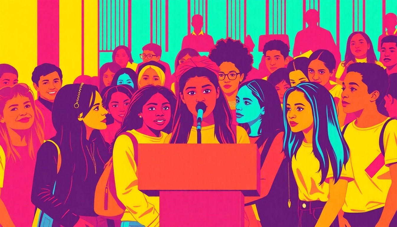 A highly stylized, silkscreen-inspired illustration depicting a group of diverse teenagers gathered around a city hall podium, rendered in a vibrant, neon-tinged color palette that captures the energy and importance of youth civic engagement.