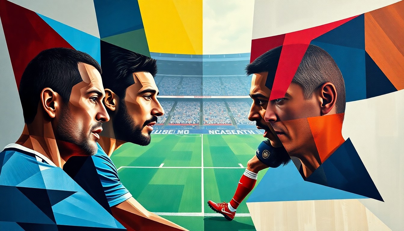 A cubist, geometric painting depicting a Premier League match between Manchester City and Arsenal, with the players' forms abstracted and dissolved into sharp, overlapping planes, representing the complex political and social forces at play behind the game.