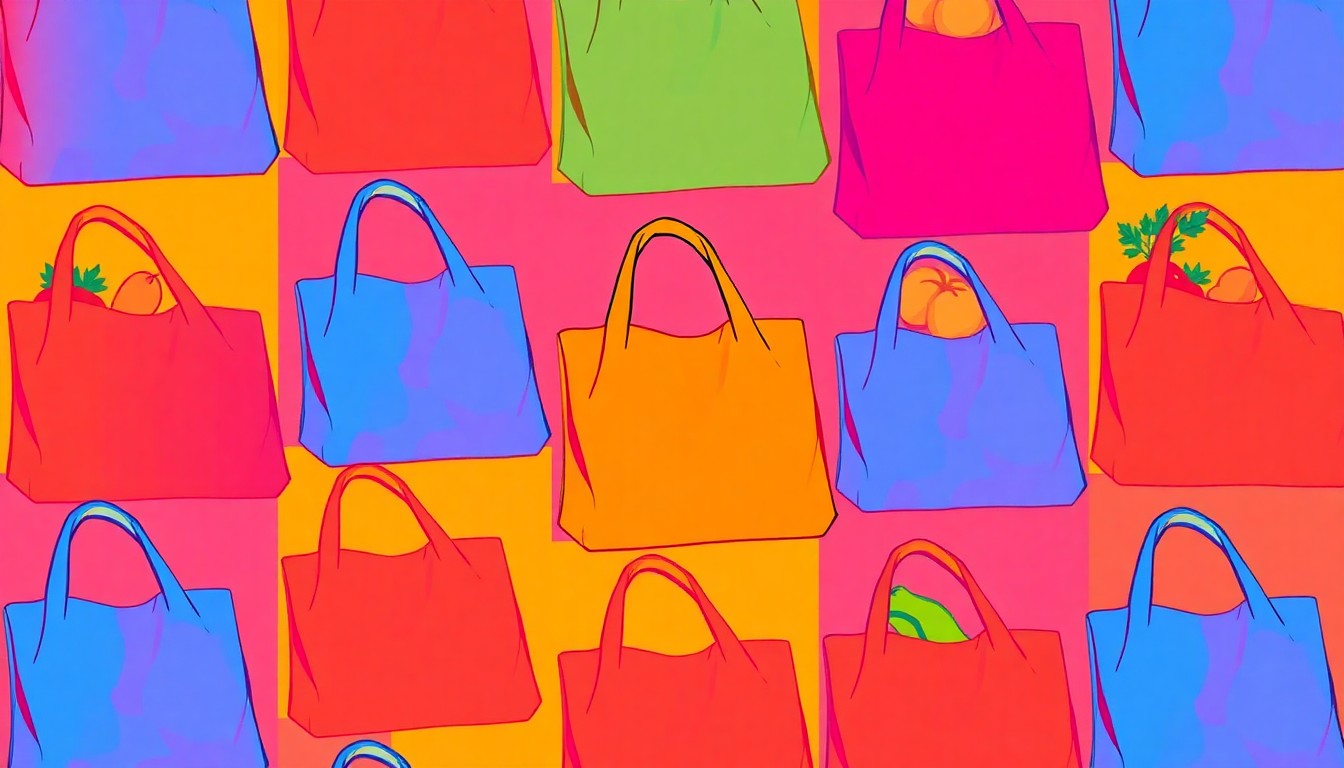 A brightly colored, high-contrast silkscreen print of a reusable grocery bag or organic produce item, repeated in a tight grid pattern, conceptually representing the joyful energy of a community-focused natural foods cooperative.