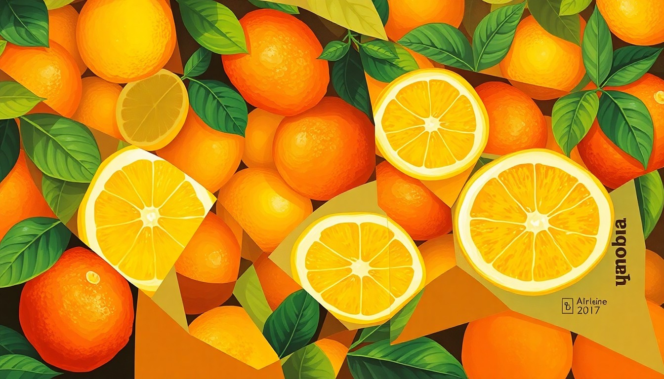 A highly textured, abstract painting featuring overlapping, fractured geometric shapes in shades of orange, yellow, and green, conceptually representing the disruption to Ramona's citrus industry.