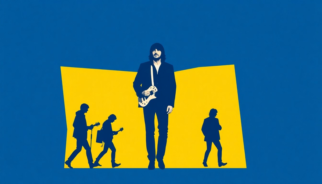 An abstract, minimalist illustration featuring bold, jagged geometric shapes in deep blue and bright yellow, conceptually representing George Harrison's unassuming visit to Illinois before the Beatles' rise to fame.