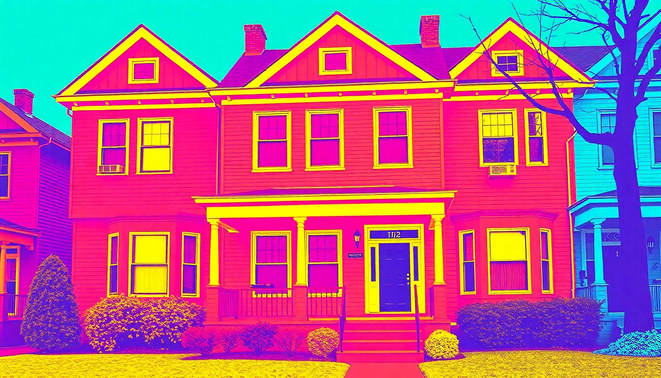 A bold, colorful silkscreen illustration featuring a repeating pattern of a classic two-story Indianapolis home, rendered in a high-contrast, neon-infused pop art style that conceptually represents the sophisticated yet comfortable lifestyle of a successful business leader.