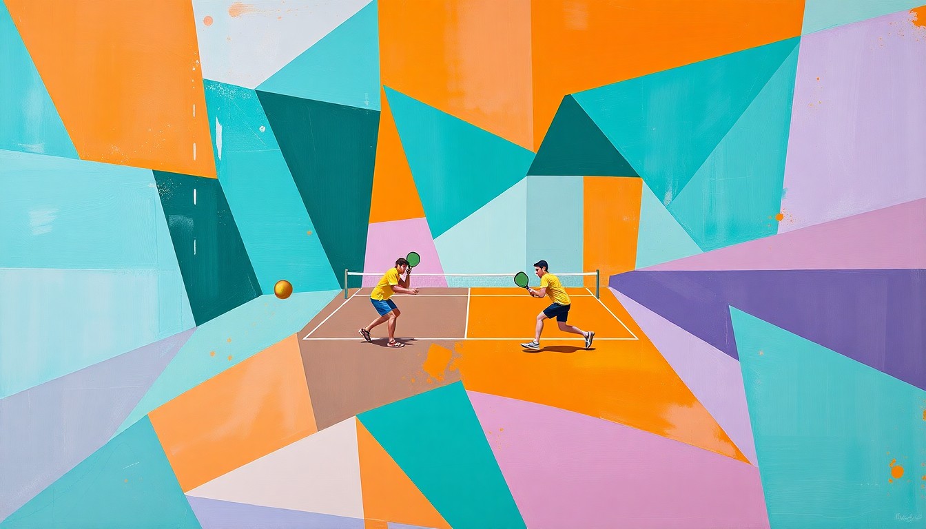 A dynamic, cubist-inspired painting depicting the motion and energy of a pickleball game, with sharp geometric shapes and planes in a vibrant color palette conceptually representing the charitable spirit of the event.