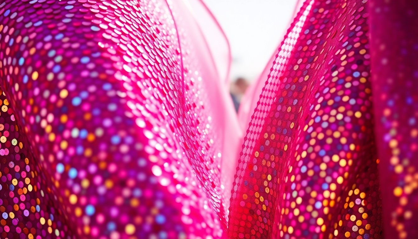 An extreme close-up photograph of shimmering, sequined fabric in vibrant shades of pink, purple, and gold, capturing the high-fashion glamour and youthful energy of Coachella festival style.
