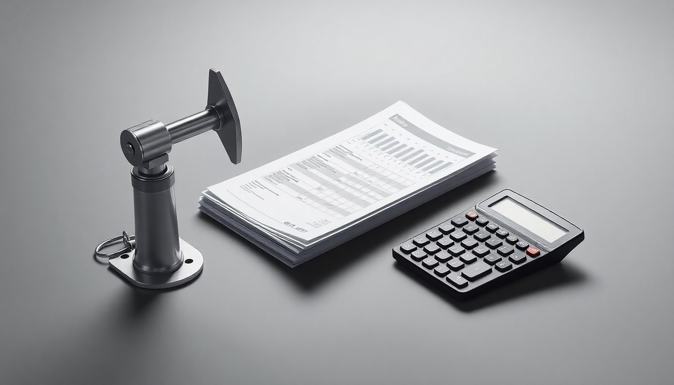 A high-end, photorealistic studio still-life photograph featuring a polished metal oil pump jack, a stack of financial reports, and a calculator arranged elegantly on a clean, grey seamless background, conceptually representing the abstract corporate strategy and financial performance of an energy services company.