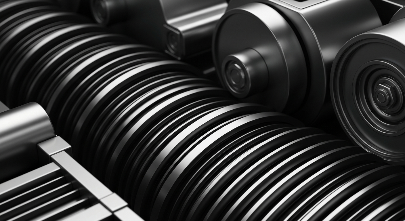 A highly detailed, cinematic close-up image of heavy, polished banking machinery and mechanisms in shades of steel grey, gunmetal, and chrome, conveying the tangible power and security of the financial industry.