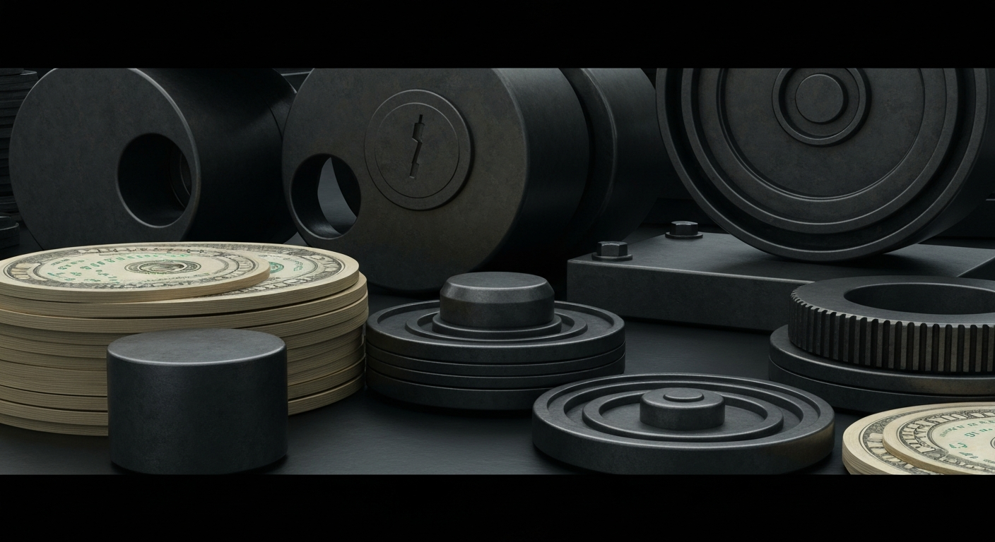 An extreme close-up of gears, levers, and other industrial banking machinery, conveying a sense of financial power and security without depicting any literal currency or charts.