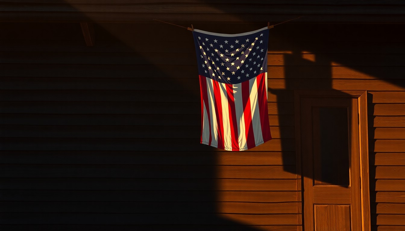 A solitary American flag hangs on the side of a weathered wooden building, the warm light and deep shadows creating a nostalgic, cinematic mood that evokes the political themes of the story.
