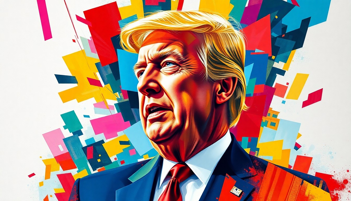A dynamic, abstract painting featuring overlapping geometric shapes and vibrant colors, conveying a sense of motion and energy around a political theme.