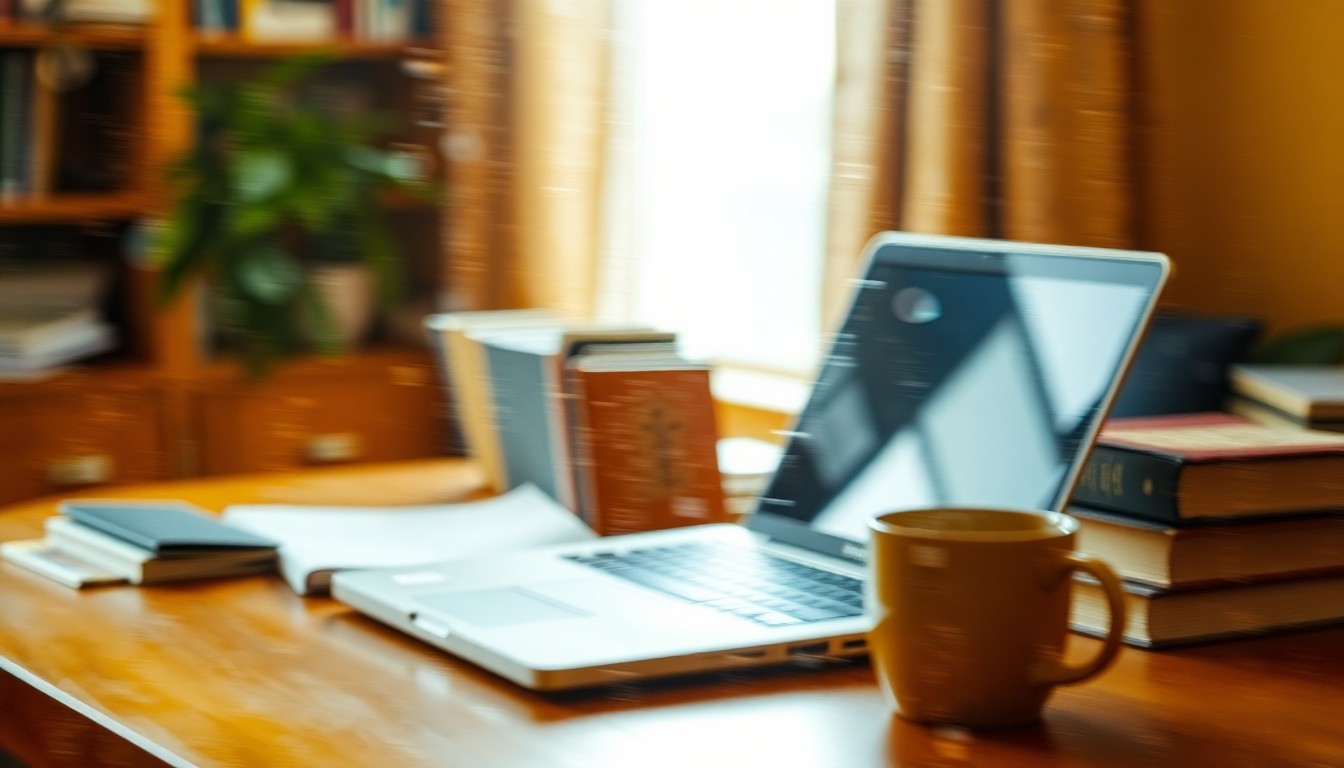 An extremely abstracted, out-of-focus photograph in warm tones of a blurred scene of a laptop, books, and a coffee mug on a wooden desk, conceptually representing the flexible, online learning environment of the May Term.