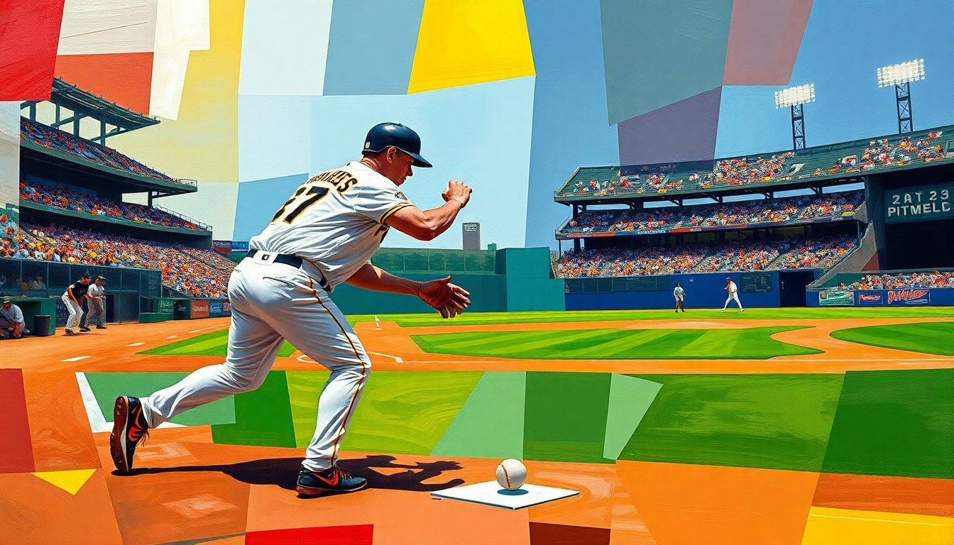 A fragmented, cubist-style painting depicting a baseball shortstop fielding a ground ball and making an errant throw, the player's body and the baseball field broken down into sharp, overlapping geometric shapes and planes in vibrant colors.