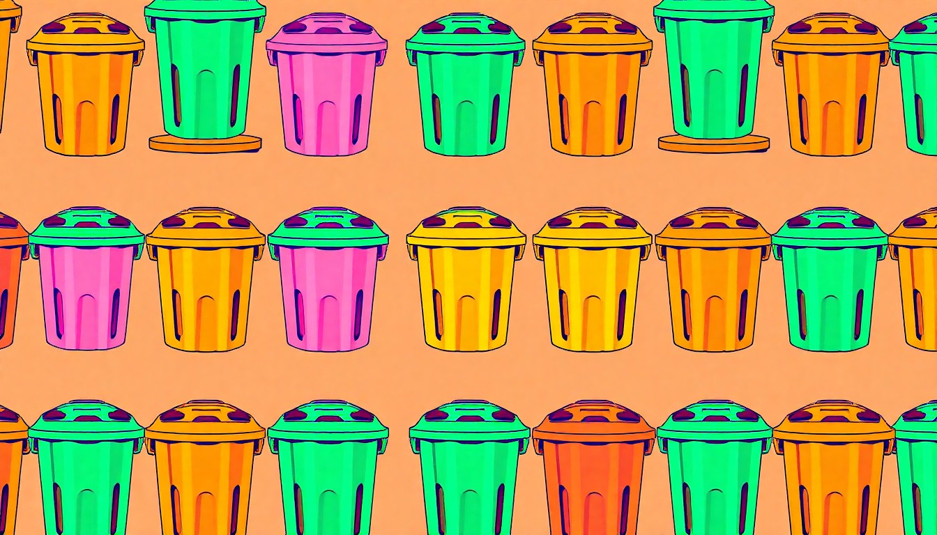 A bold, colorful silkscreen print featuring a repeating pattern of a neon orange trash can against a vibrant pink background, conceptually representing the city's efforts to address illegal dumping.