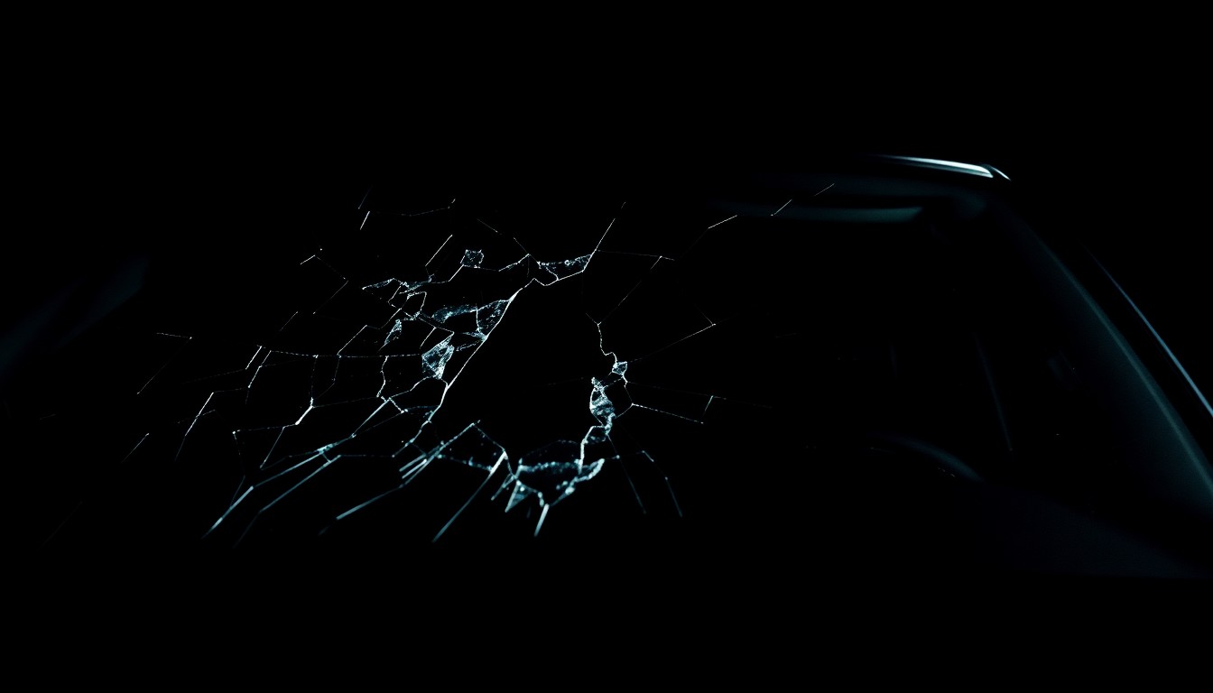 An extreme close-up photograph of a cracked car windshield or a smashed grocery item, captured with harsh, direct lighting that creates a stark, gritty, and investigative aesthetic, conceptually representing the property crimes reported in the East Windsor police blotter.
