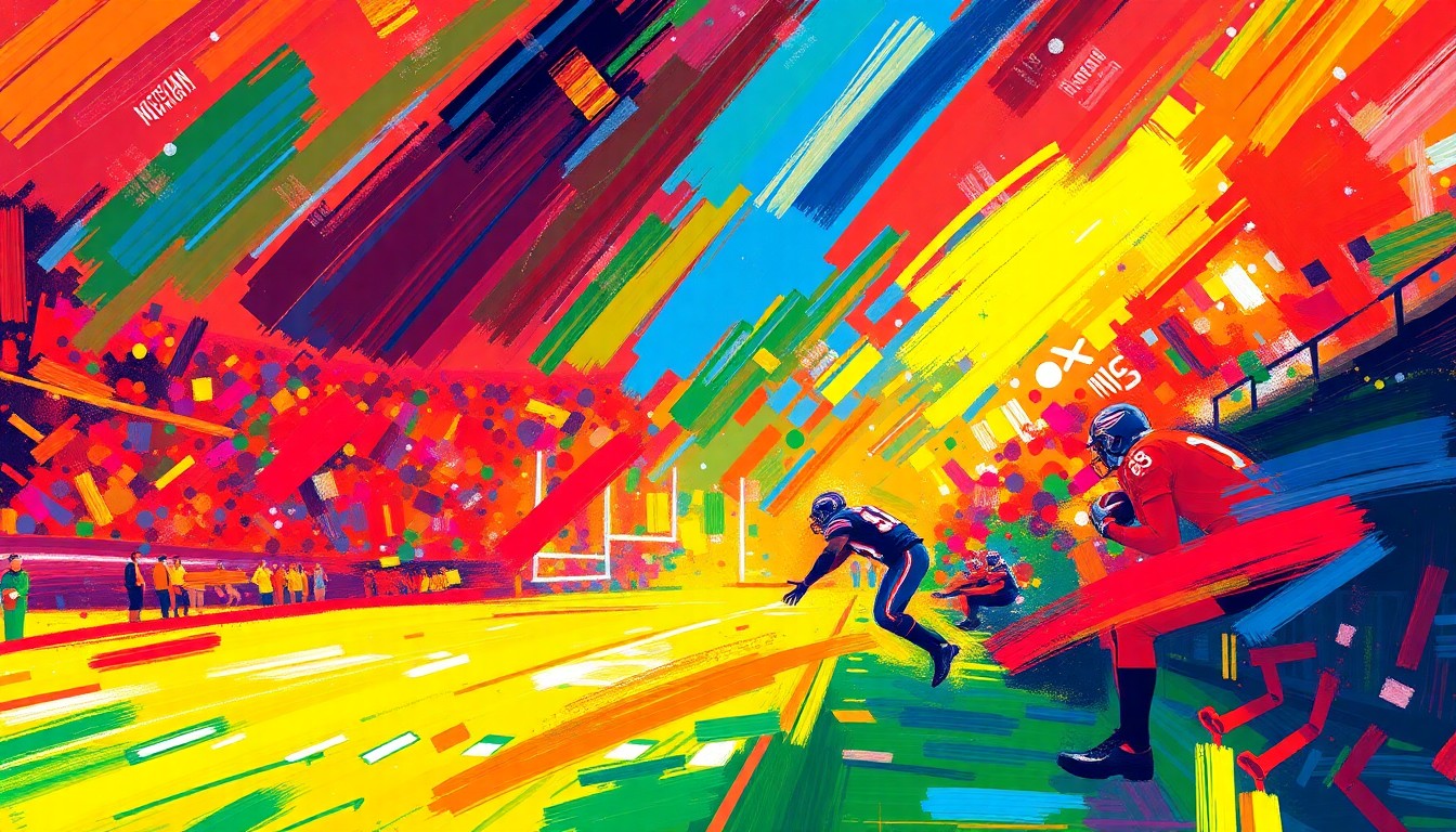 An abstract painting featuring bold, energetic brushstrokes in neon shades of green, blue, and orange, conveying the excitement and intensity of an American football game.