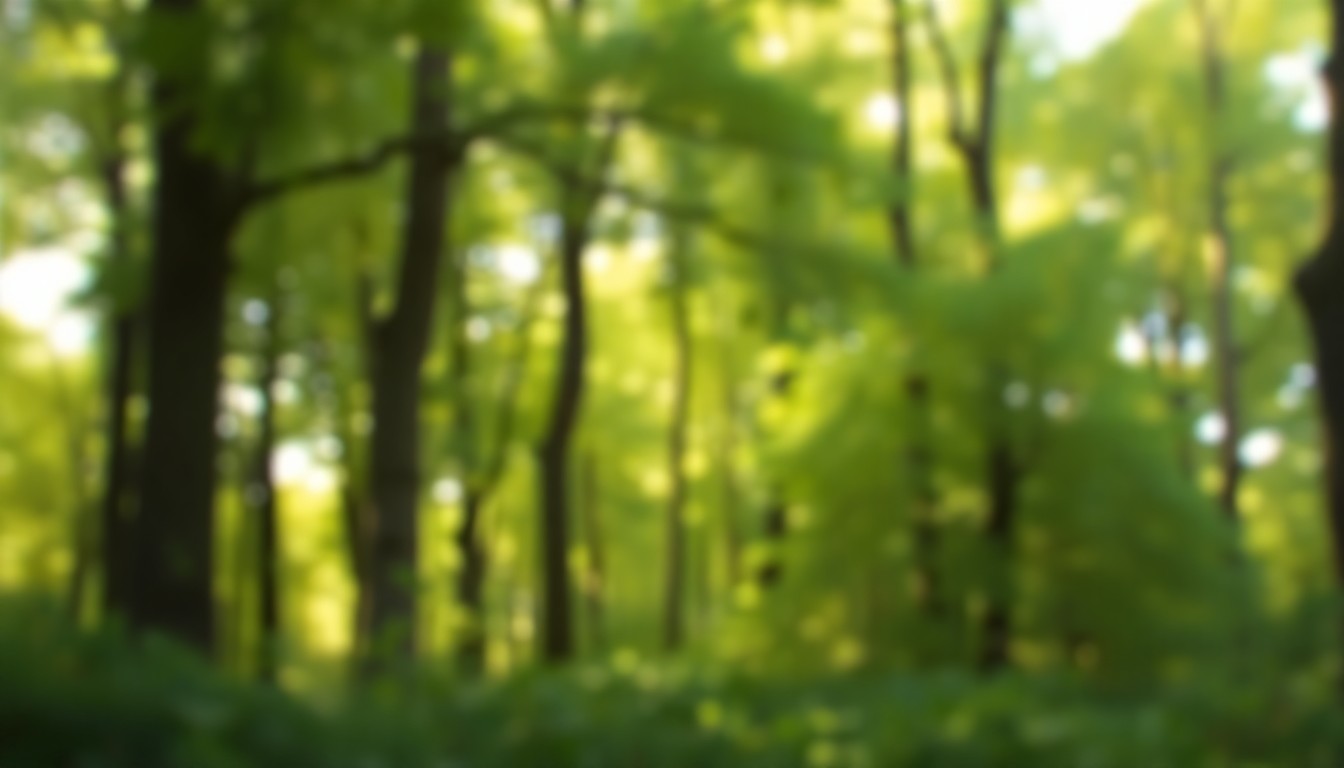 An abstract, out-of-focus photograph of a verdant forest with soft pools of warm light, conveying the peaceful and serene atmosphere of Martin County's protected lands.