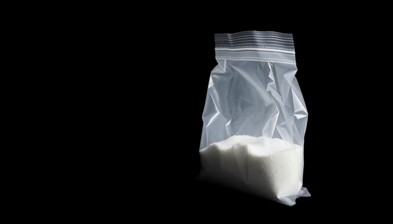 An extreme close-up photograph of a small plastic bag containing white powder, lit by a harsh, direct camera flash against a pitch-black background, conceptually illustrating the seizure of drugs during a law enforcement operation.