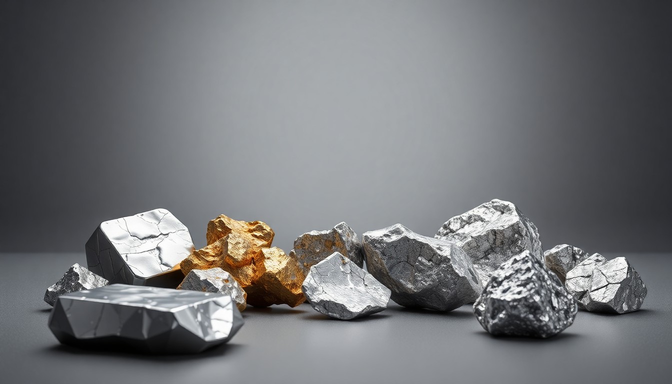 A photorealistic studio still life featuring a collection of shiny, geometric metal ingots and raw mineral samples in muted metallic tones, symbolizing the premium critical minerals that could be produced from the Skaergaard project through a low-carbon processing hub in Iceland.