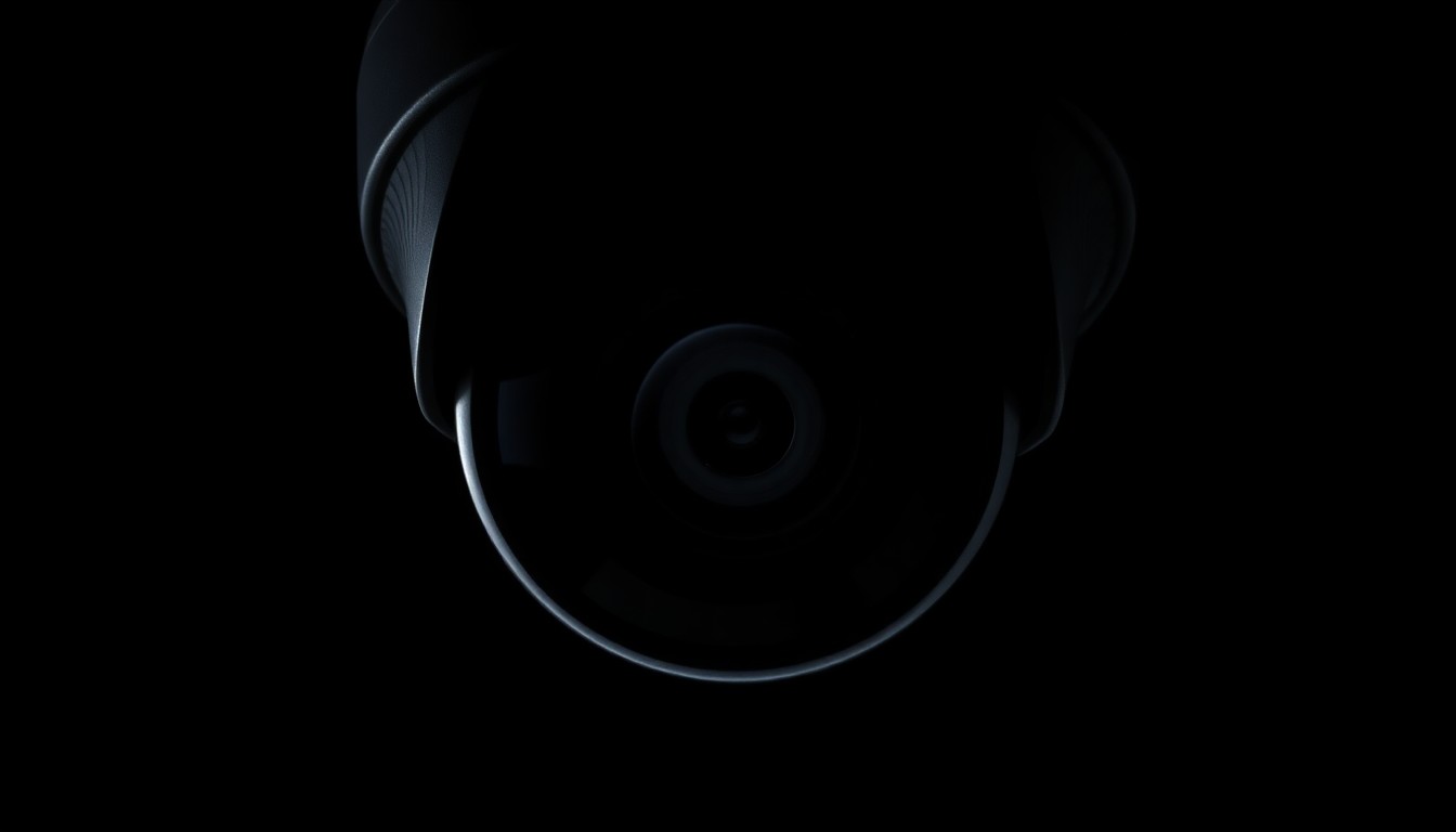 An extreme close-up photograph of a security camera lens or license plate reader against a pitch-black background, lit by a harsh, direct camera flash, conceptually illustrating the use of public safety technology to address crime.
