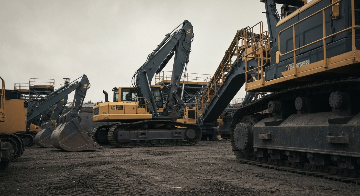 An extreme close-up of various industrial construction materials and equipment, conveying the tangible, physical nature of the building products industry without using any text or symbols.