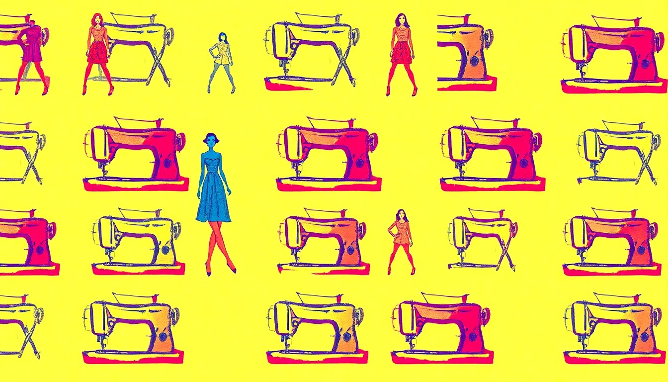 A vibrant, abstract silkscreen print featuring repeated images of a fashion sketch or sewing machine in a grid, conveying the school's focus on creative and technical fashion education.