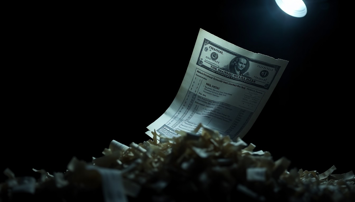An extreme close-up of a shredded bank statement or financial document, lit by a harsh flash against a dark background, conceptually representing the gritty details of a financial fraud case.
