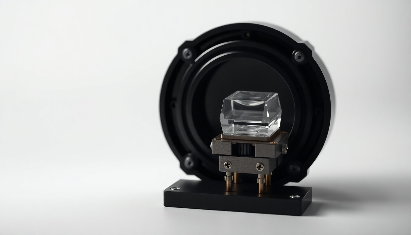 A photorealistic studio still-life image of a precision crystal oscillator component, captured in dramatic lighting against a clean, monochromatic background to symbolize the advanced technology powering a vital U.S. defense program.