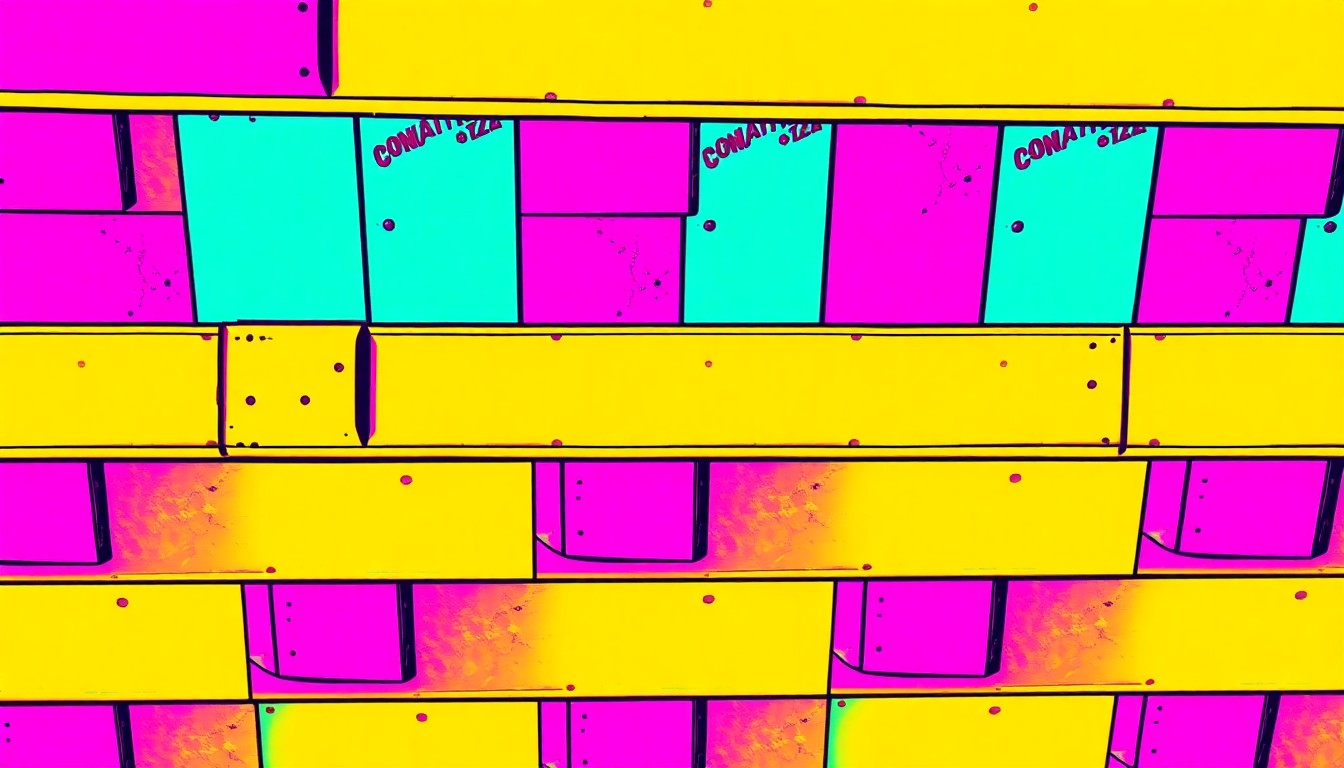 A highly stylized, abstract grid of brightly colored construction beams in neon shades of blue, green, and orange, conceptually representing the ceremonial signing of a beam for a new school building.
