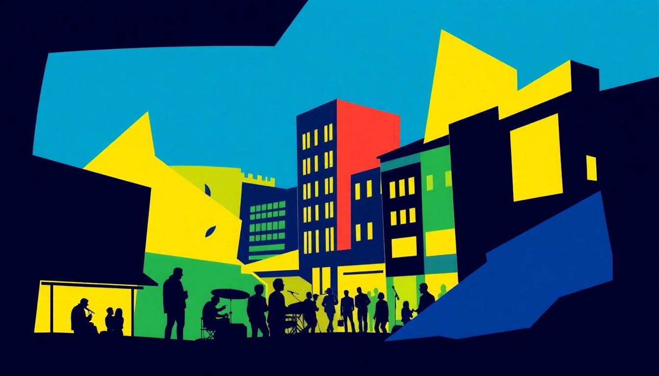 An abstract, minimalist illustration featuring bold, jagged shapes in shades of blue, green, and yellow, conceptually representing the vibrant arts and entertainment offerings in the town of Belmont.