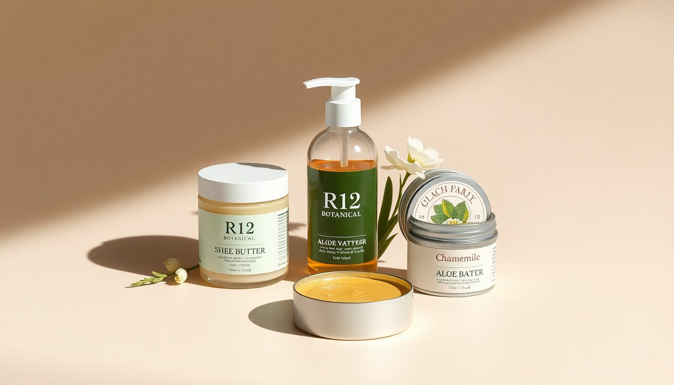 A high-end, photorealistic studio still-life photograph featuring a collection of polished natural skincare products from R12 Botanical, including a jar of shea butter, a bottle of aloe vera gel, and a tin of chamomile balm, arranged elegantly on a clean, monochromatic background with dramatic studio lighting.