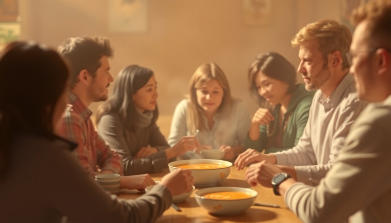 An abstract, out-of-focus photograph in warm, earthy tones depicting a group of people gathered around a table, conceptually representing the community spirit and shared experience of the Autism Awareness Soup Night event.