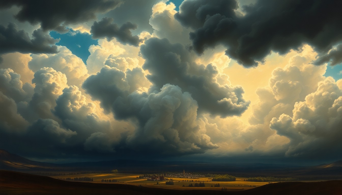 A vast, majestic landscape painting in muted tones of gray, blue, and gold, depicting a dramatic, stormy sky with heavy clouds and intense light, dwarfing a small town or village in the distance. The scene conveys the overwhelming power and sublime scale of the natural world, with the physical structures obscured by the atmospheric conditions.